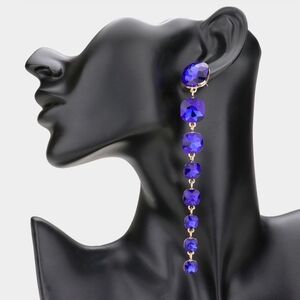 Royal Blue Square Stone Linear Crystal Drop Dangle Earrings 5" Formal Jewelry